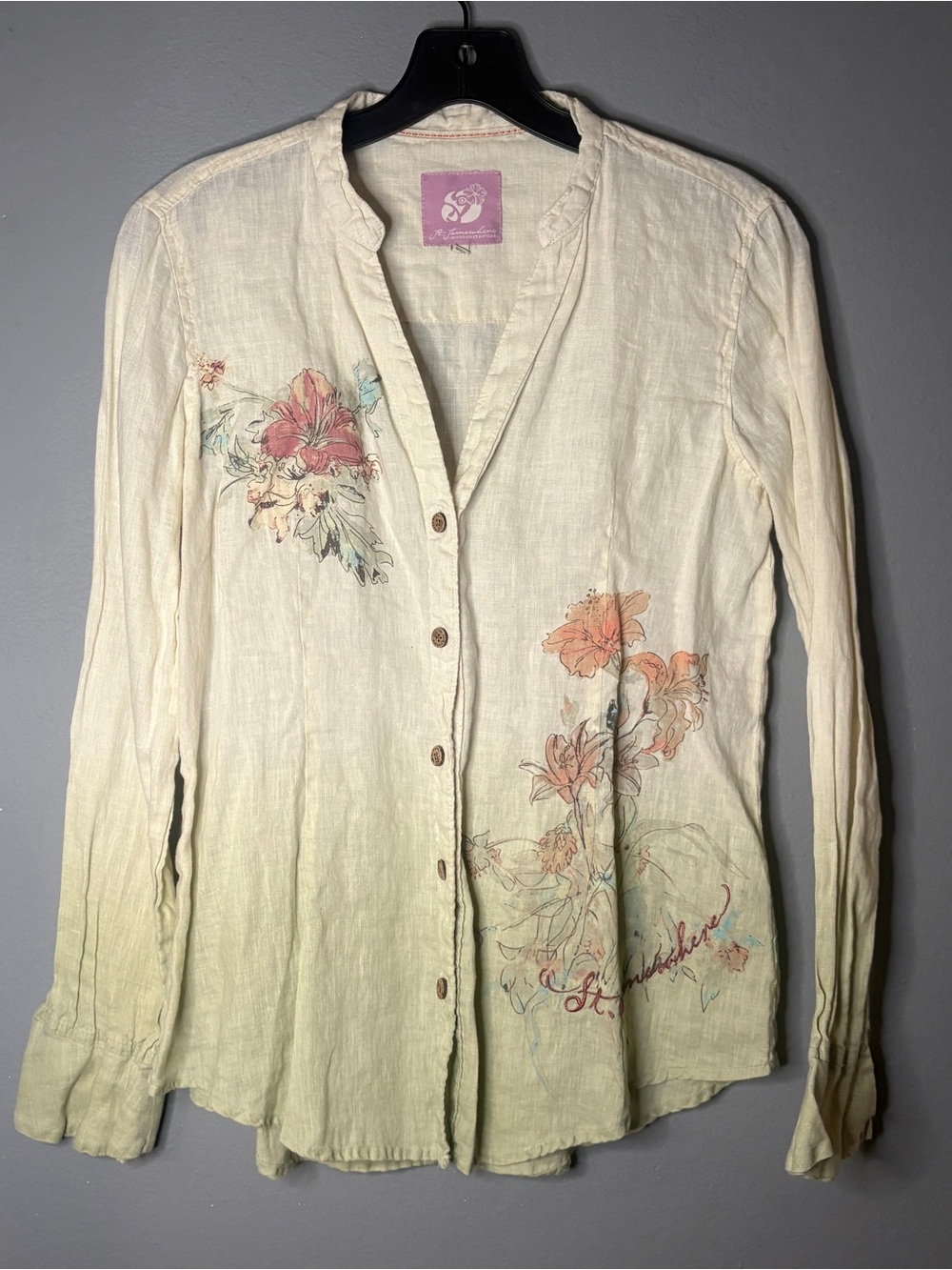 Margaritaville Cream Button-Down with Pastel Floral Accents